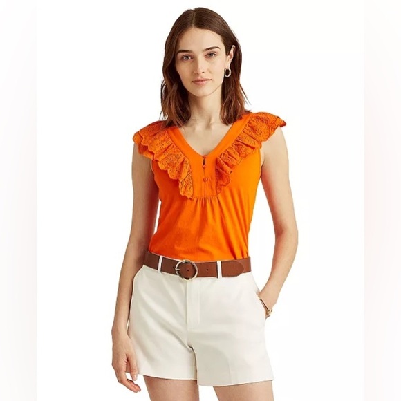 LAUREN RALPH LAUREN Petite Ruffled Sleeveless V-Neck Top Size L - Picture 3 of 5